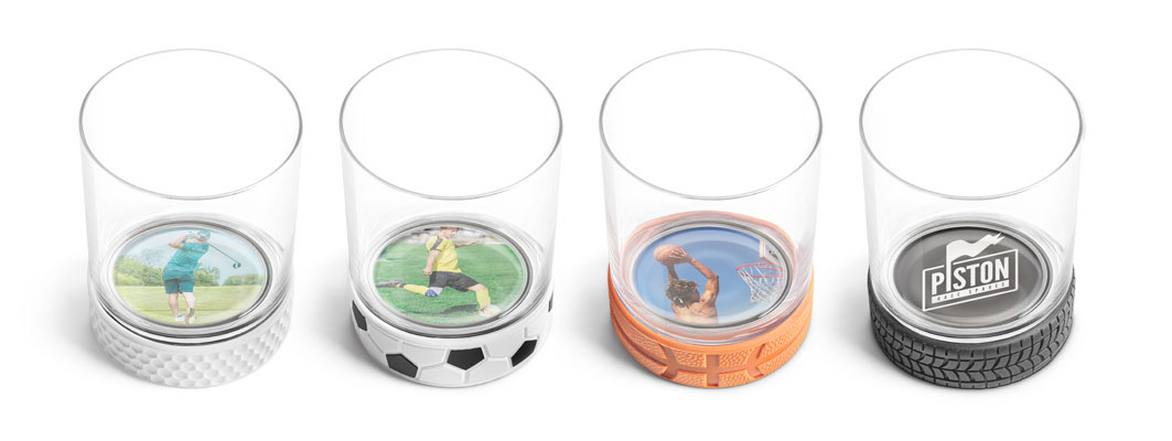 Personalized golf, soccer, basketball and tire-base glasses with different photo and logo inserts