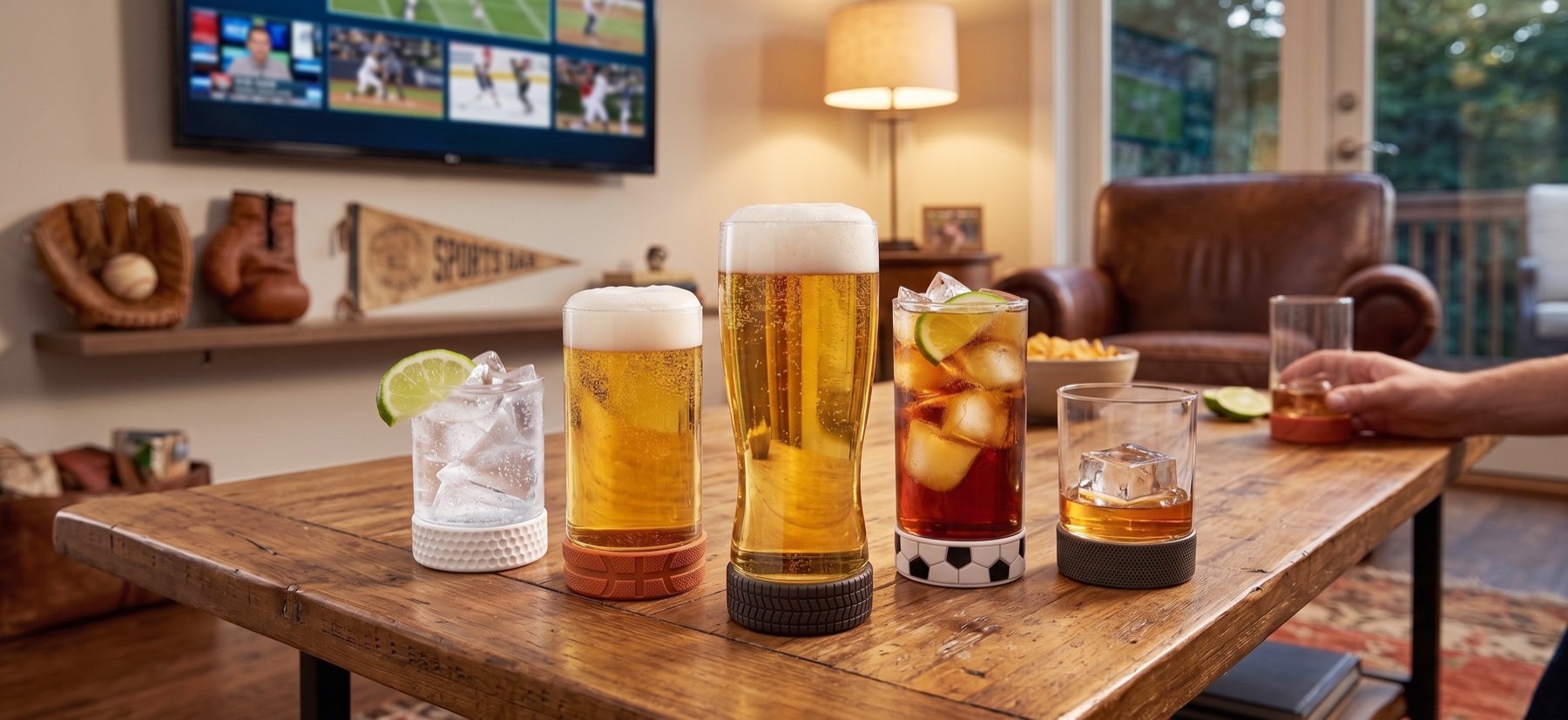 Final Touch glasses with golf, basketball, tire, soccer and hockey-inspired bases